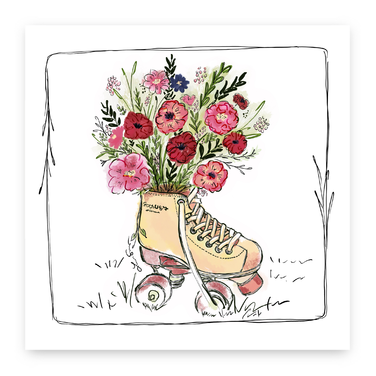 Retro Roller Skate Florals Art Print